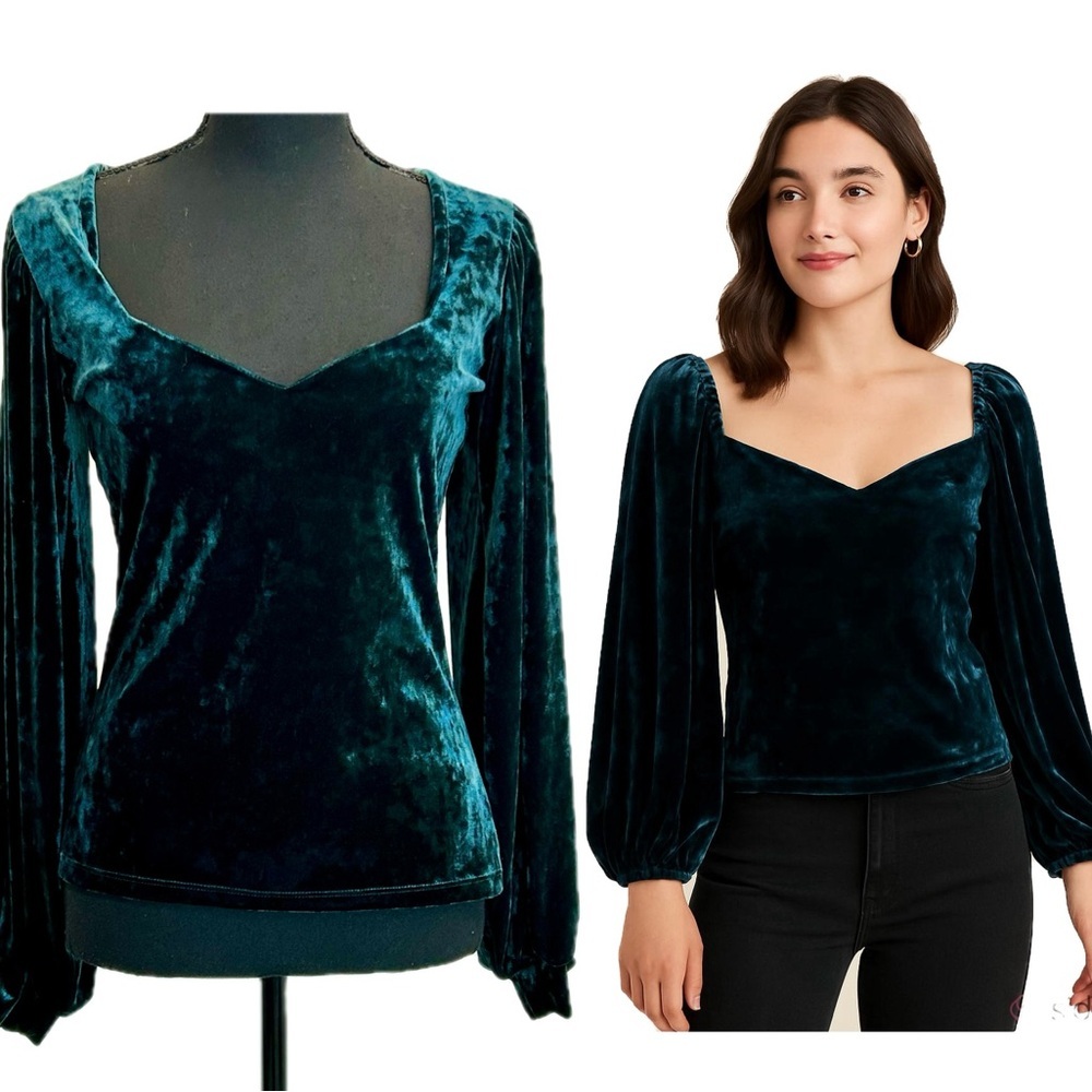 Viertola Studios teal emerald green velvet Sweetheart balloon sleeve blouse top